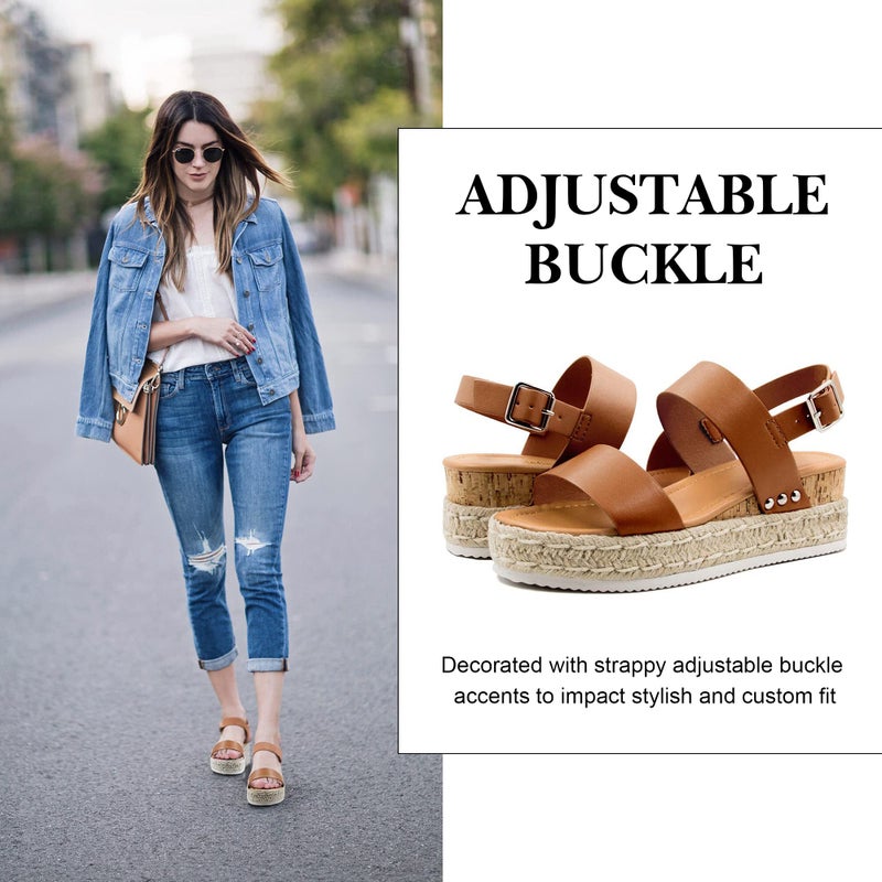Athlefit Women's Espadrilles Platform Wedge Sandals Casual Open Toe Ankle Strap Buckle Summer Sandals, Light Brown, Size 5.5, AD00502 - Image 2